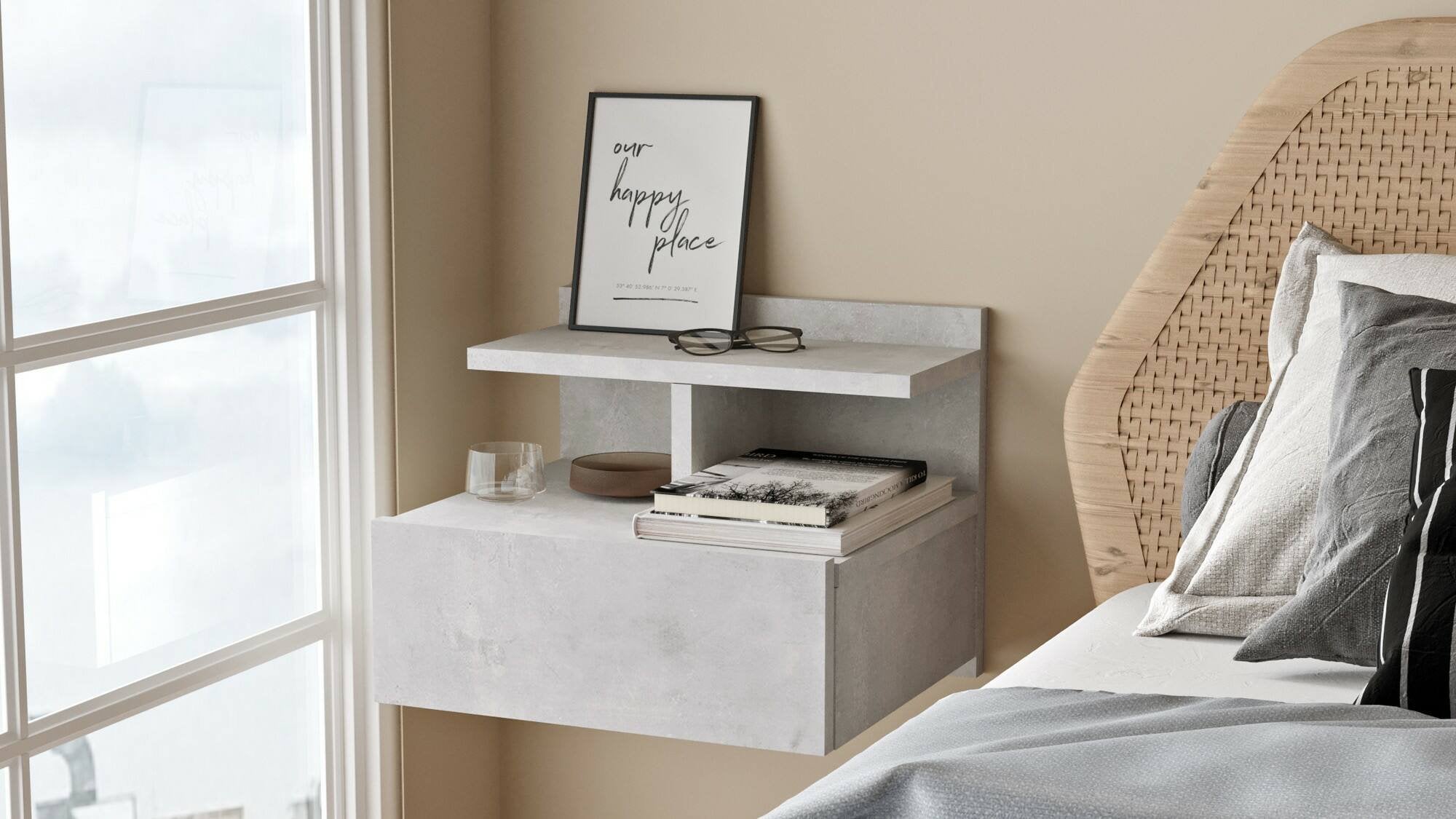 Comodino Joconde, Comò basso, Tavolino da notte, Mensola da letto, 40x36 h32 cm, Argento