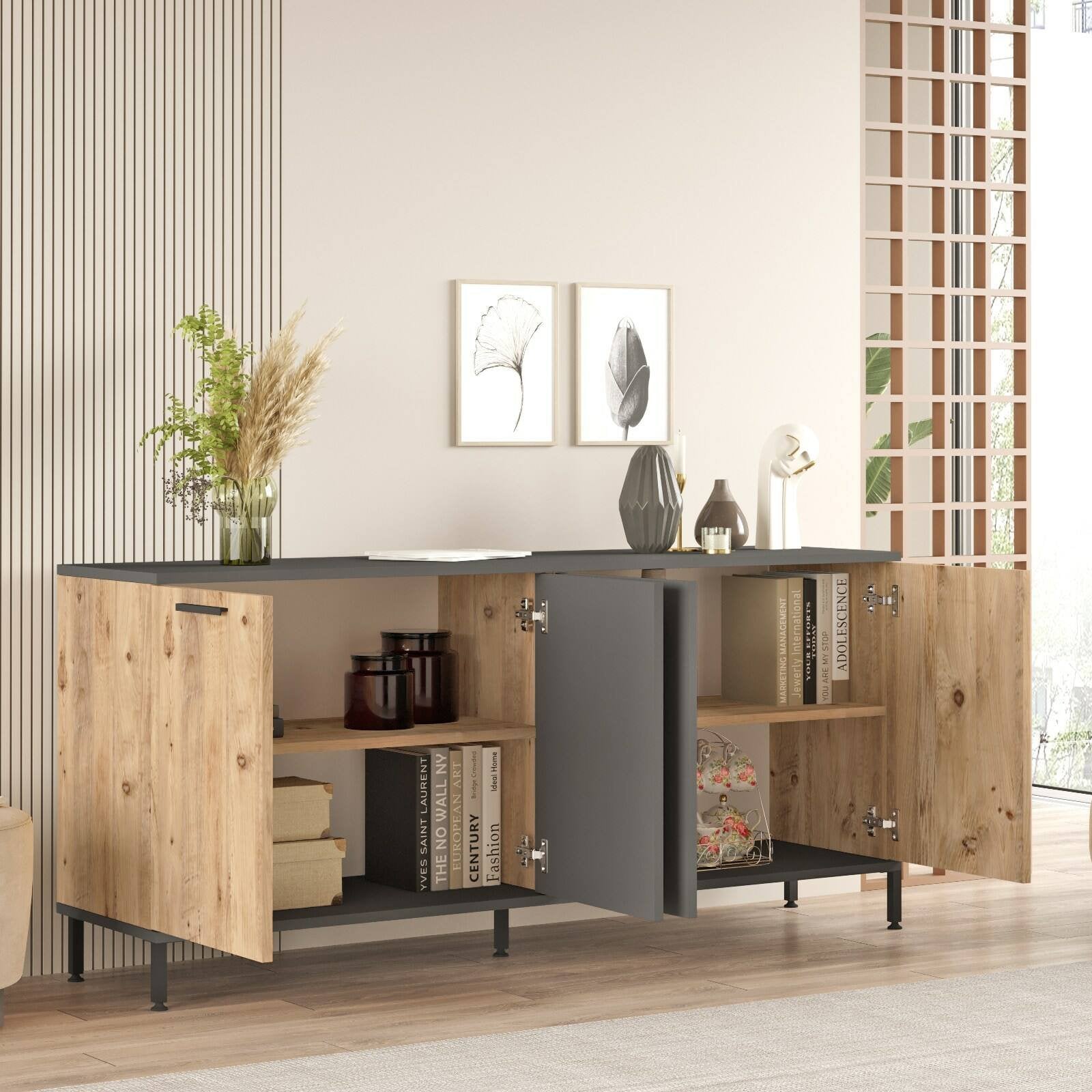 Credenza Bratislava, Buffet da soggiorno, Madia da salotto, Dispensa da cucina, 160x40 h72 cm, Quercia e Antracite