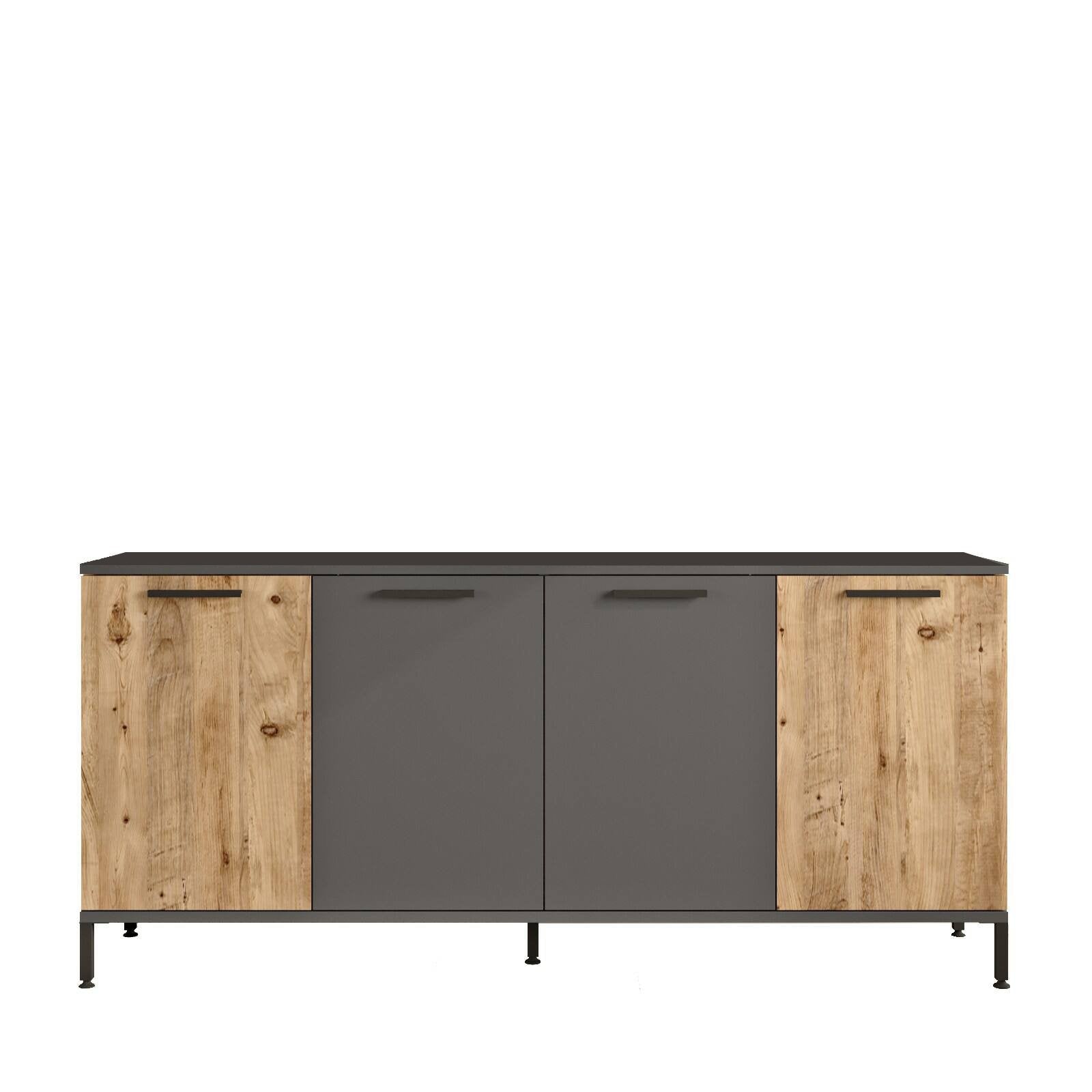 Credenza Bratislava, Buffet da soggiorno, Madia da salotto, Dispensa da cucina, 160x40 h72 cm, Quercia e Antracite
