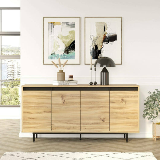 Credenza Kay, Buffet da soggiorno, Madia da salotto, Dispensa da cucina, 160x45 h76 cm, Quercia e Nero