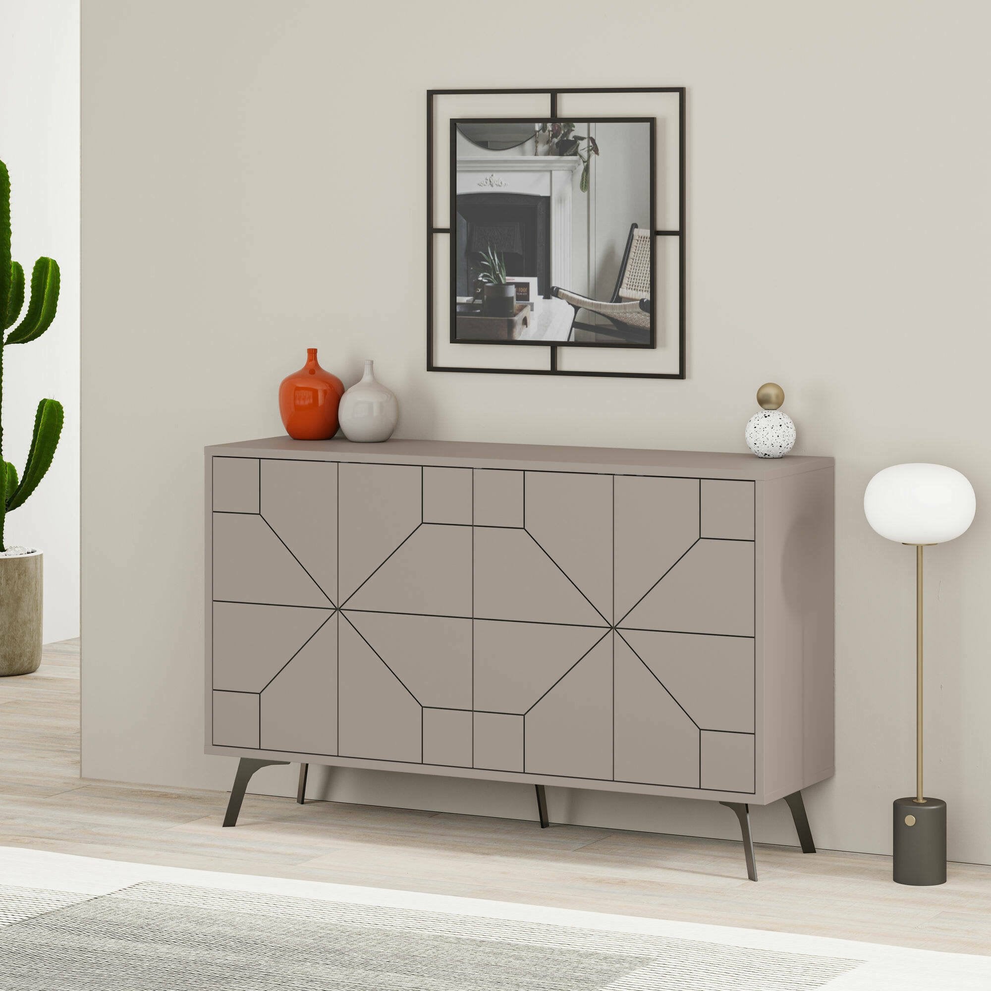 Credenza Earl, Buffet da soggiorno, Madia da salotto, Dispensa da cucina, 123x35 h62 cm, Beige