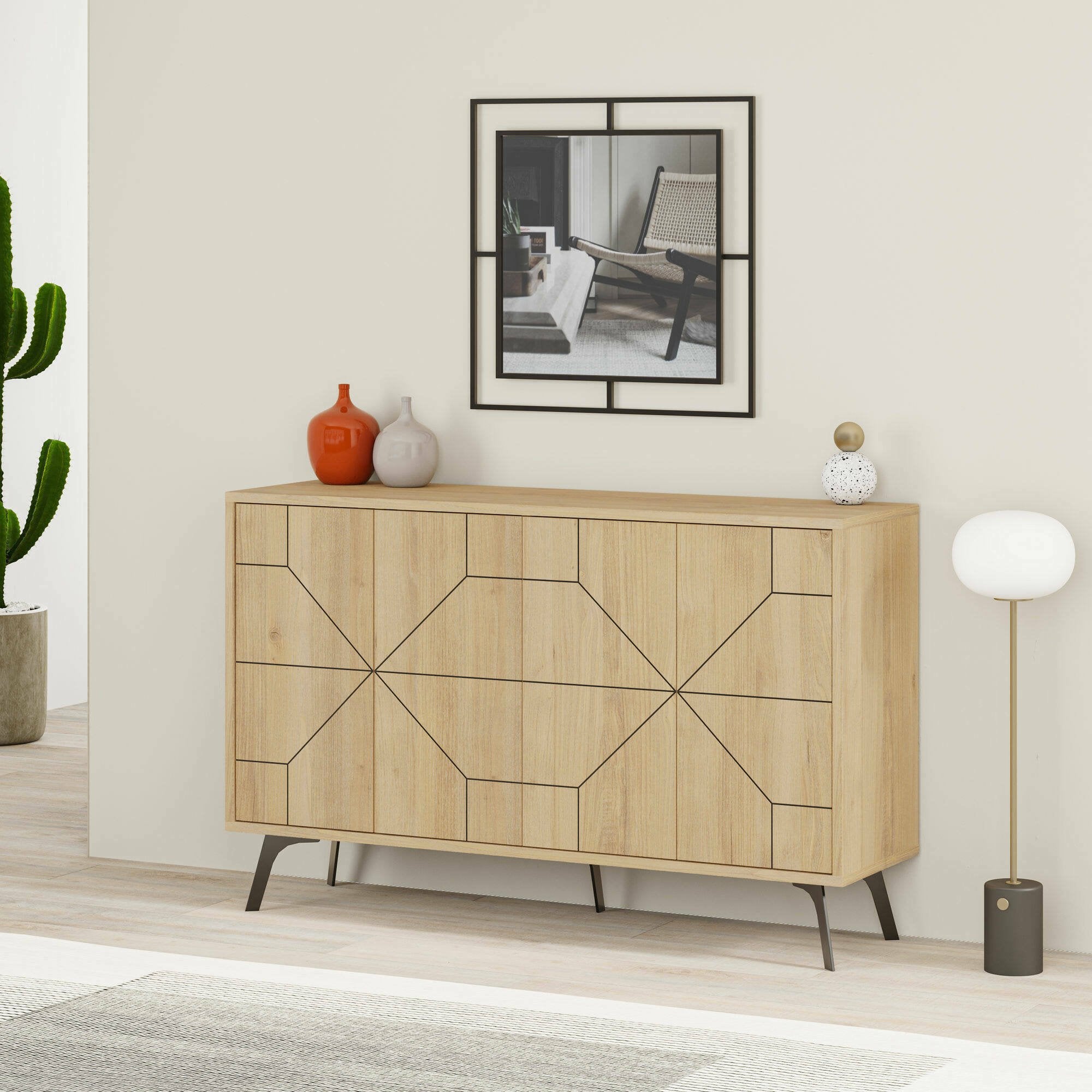 Credenza Earl, Buffet da soggiorno, Madia da salotto, Dispensa da cucina, 123x35 h62 cm, Quercia