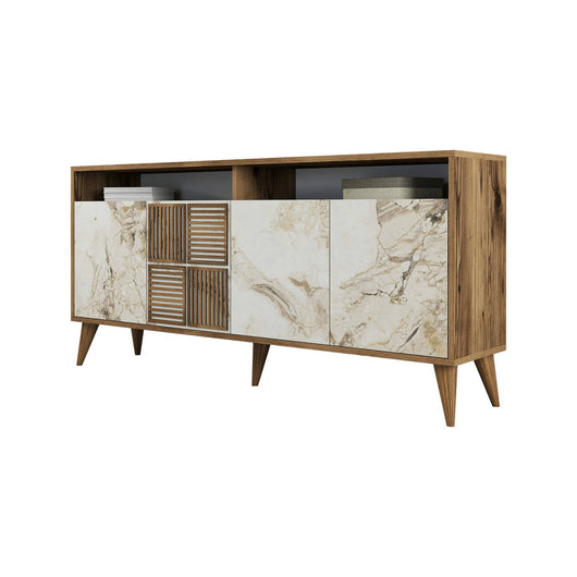 Credenza Benjamin, Buffet da soggiorno, Madia da salotto, Dispensa da cucina, 160x35 h78 cm, Noce e Grigio