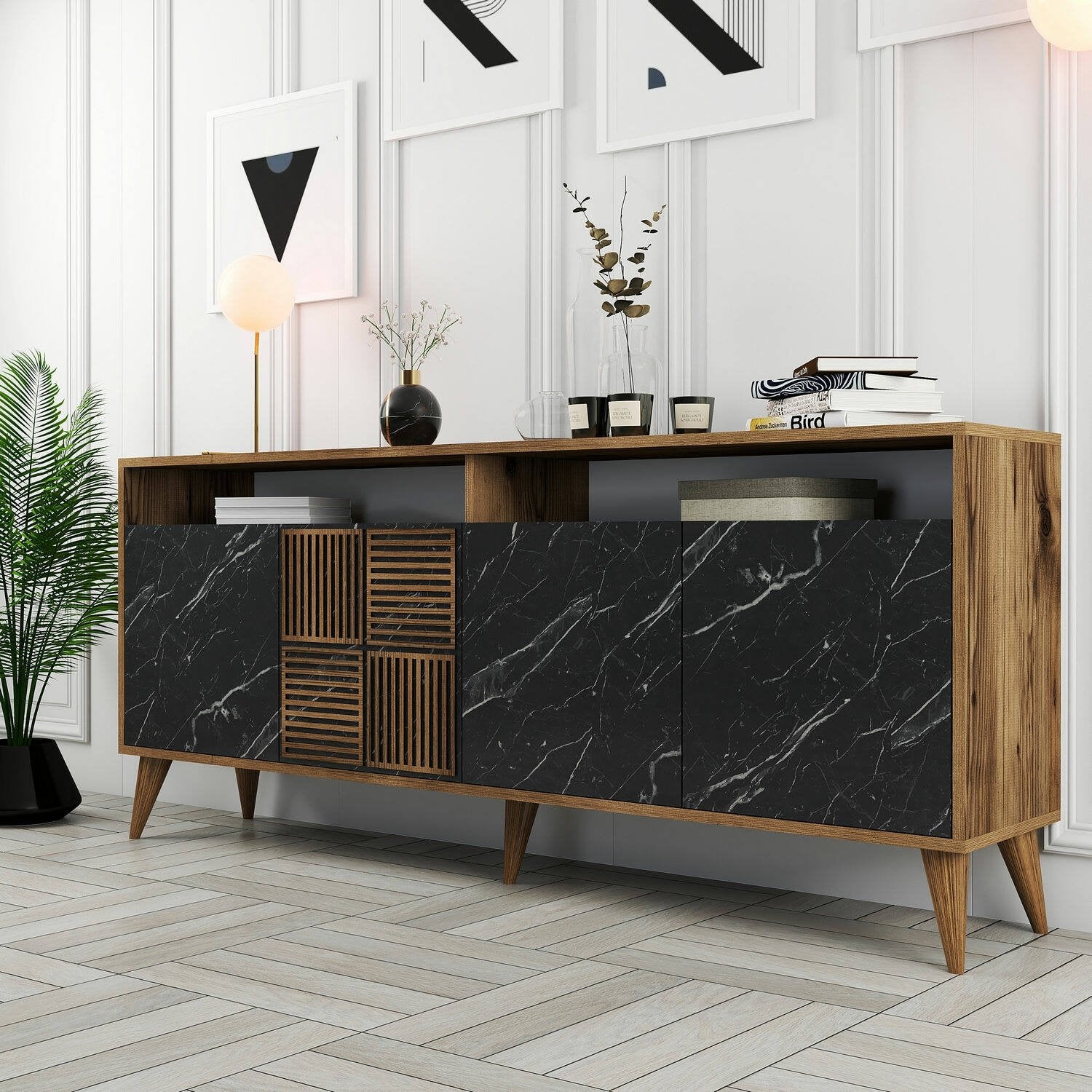 Credenza Benjamin, Buffet da soggiorno, Madia da salotto, Dispensa da cucina, 180x35 h79 cm, Noce e Nero