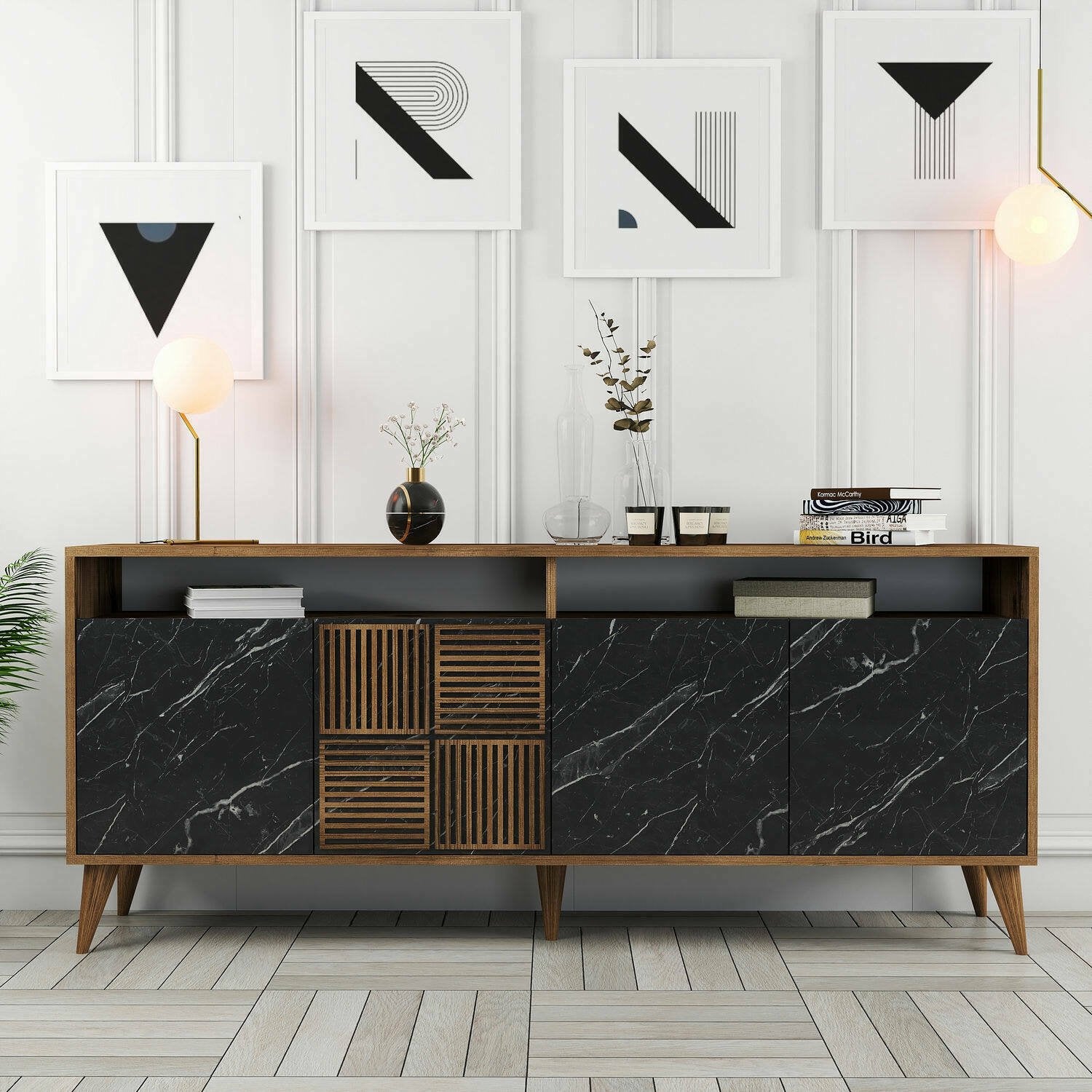 Credenza Benjamin, Buffet da soggiorno, Madia da salotto, Dispensa da cucina, 180x35 h79 cm, Noce e Nero