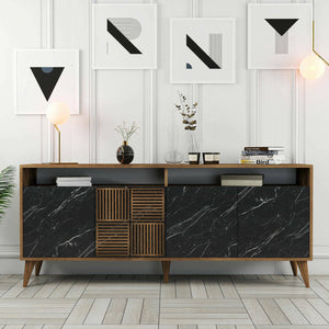 Credenza Benjamin, Buffet da soggiorno, Madia da salotto, Dispensa da cucina, 180x35 h79 cm, Noce e Nero