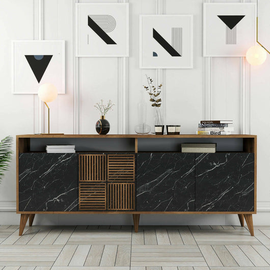 Credenza Benjamin, Buffet da soggiorno, Madia da salotto, Dispensa da cucina, 180x35 h79 cm, Noce e Nero