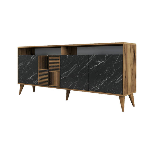 Credenza Benjamin, Buffet da soggiorno, Madia da salotto, Dispensa da cucina, 180x35 h79 cm, Noce e Nero