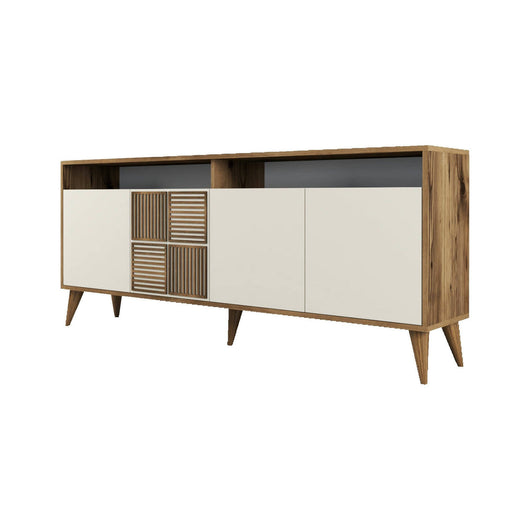 Credenza Benjamin, Buffet da soggiorno, Madia da salotto, Dispensa da cucina, 180x35 h79 cm, Noce e Crema