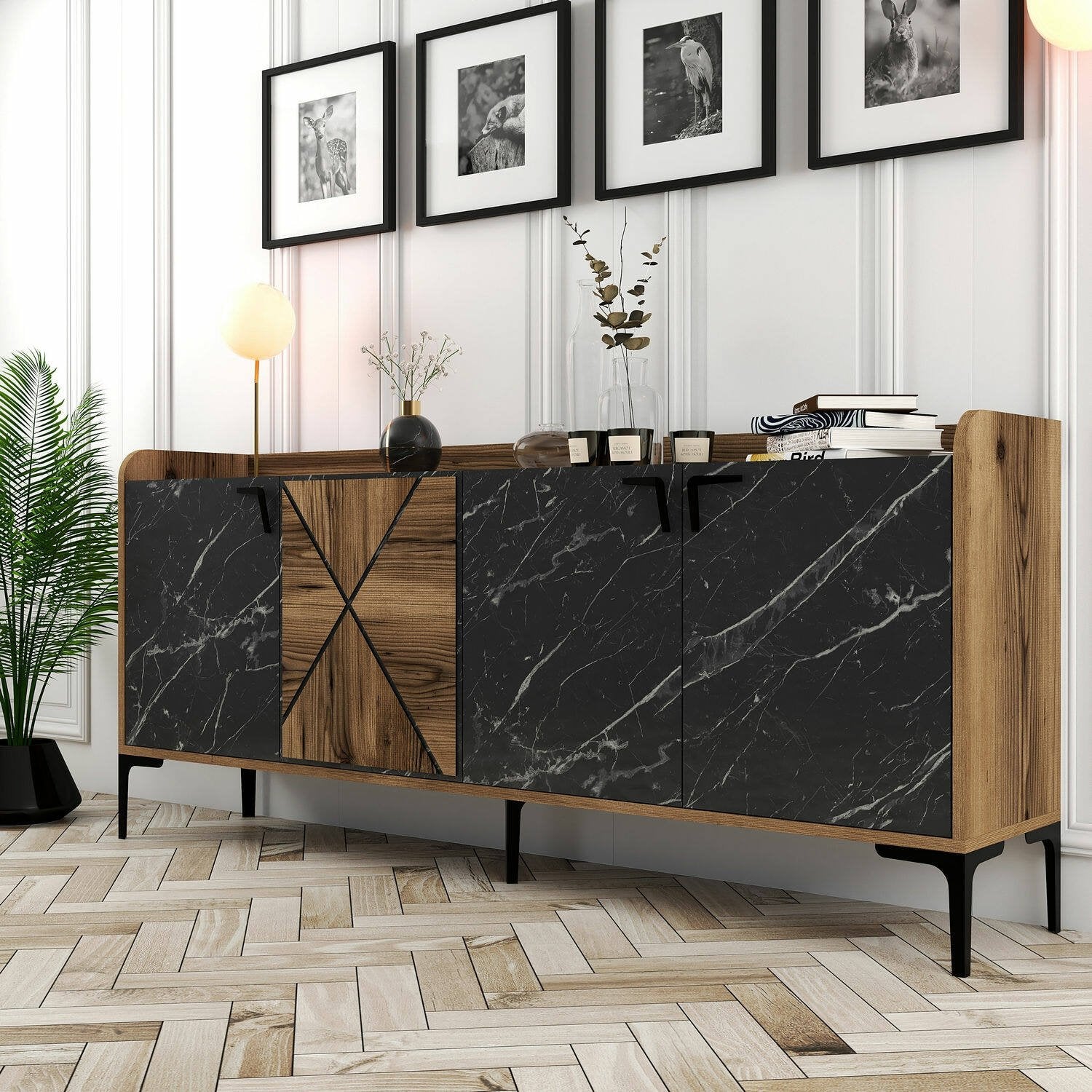 Credenza Fay, Buffet da soggiorno, Madia da salotto, Dispensa da cucina, 180x35 h79 cm, Noce e Nero