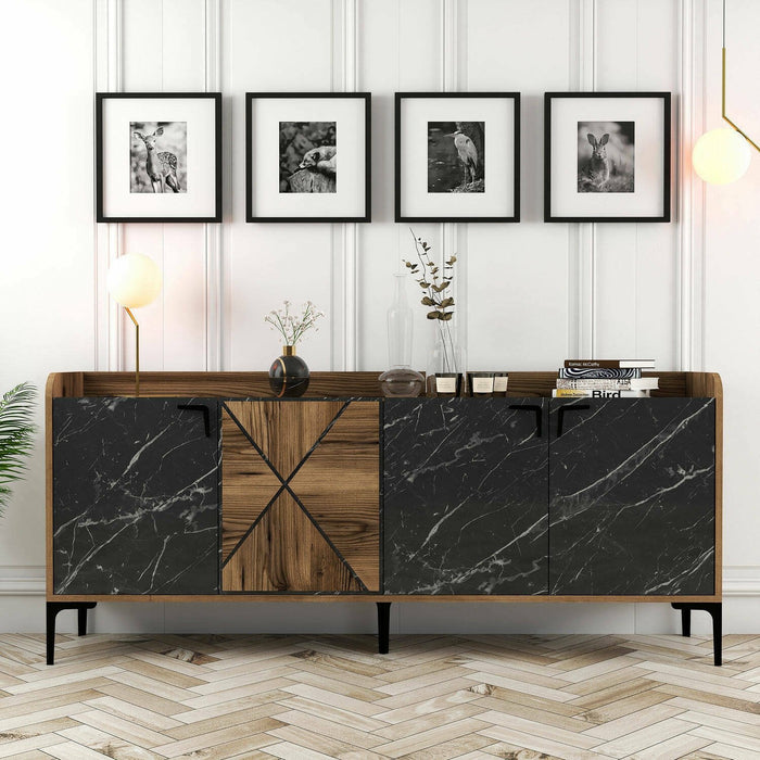 Credenza Fay, Buffet da soggiorno, Madia da salotto, Dispensa da cucina, 180x35 h79 cm, Noce e Nero