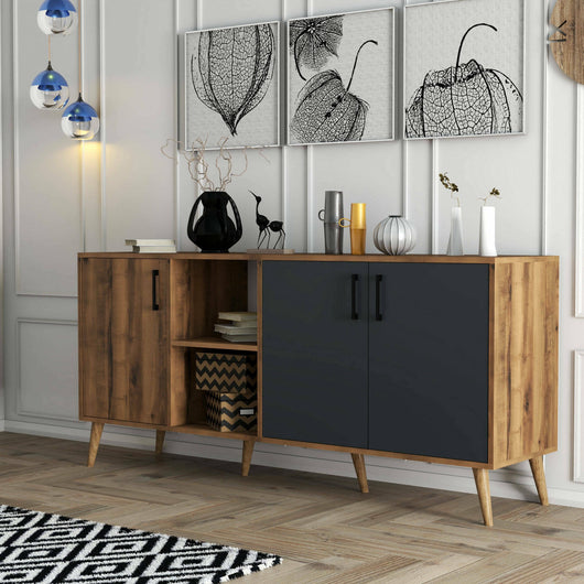 Credenza Vardah, Buffet da soggiorno, Madia da salotto, Dispensa da cucina, 180x45 h80 cm, Noce e Antracite