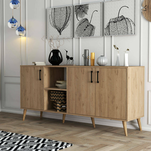 Credenza Vardah, Buffet da soggiorno, Madia da salotto, Dispensa da cucina, 180x45 h80 cm, Quercia