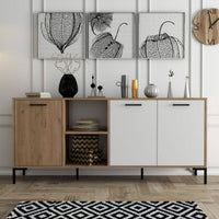 Credenza Hato, Buffet da soggiorno, Madia da salotto, Dispensa da cucina, 180x45 h80 cm, Quercia e Bianco