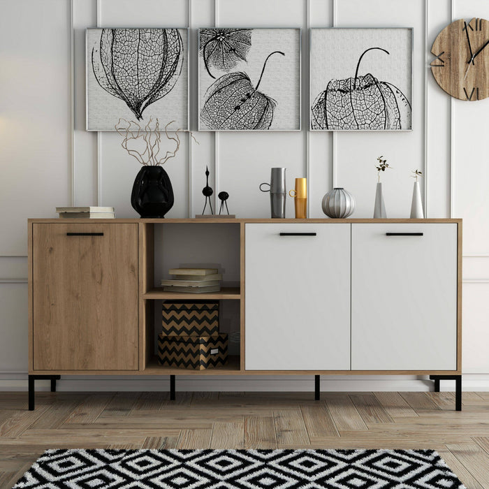 Credenza Hato, Buffet da soggiorno, Madia da salotto, Dispensa da cucina, 180x45 h80 cm, Quercia e Bianco