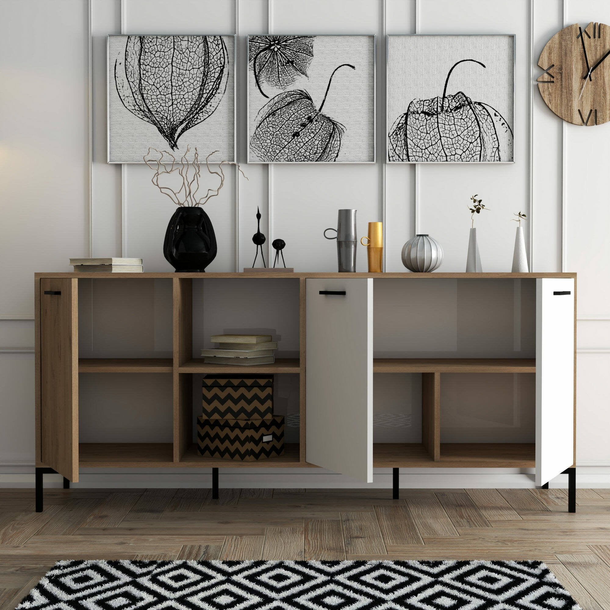 Credenza Hato, Buffet da soggiorno, Madia da salotto, Dispensa da cucina, 180x45 h80 cm, Quercia e Bianco