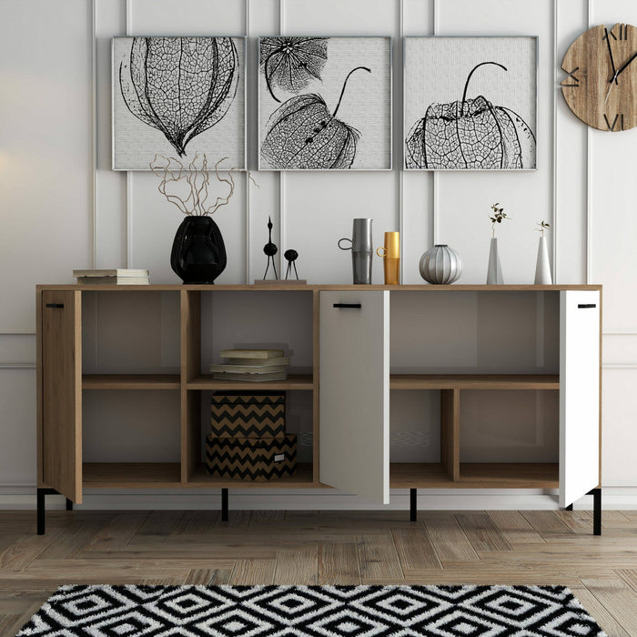 Credenza Hato, Buffet da soggiorno, Madia da salotto, Dispensa da cucina, 180x45 h80 cm, Quercia e Bianco