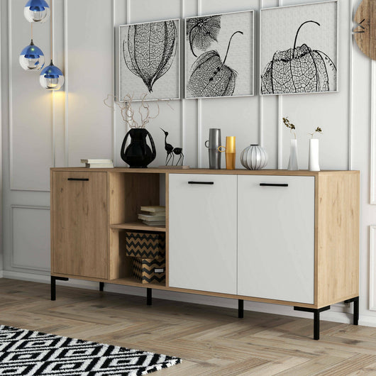 Credenza Hato, Buffet da soggiorno, Madia da salotto, Dispensa da cucina, 180x45 h80 cm, Quercia e Bianco