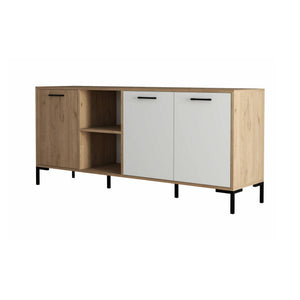 Credenza Hato, Buffet da soggiorno, Madia da salotto, Dispensa da cucina, 180x45 h80 cm, Quercia e Bianco