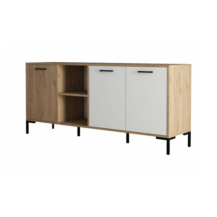 Credenza Hato, Buffet da soggiorno, Madia da salotto, Dispensa da cucina, 180x45 h80 cm, Quercia e Bianco