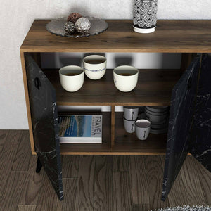 Credenza Ernie, Buffet da soggiorno, Madia da salotto, Dispensa da cucina, 180x45 h80 cm, Noce e Grigio