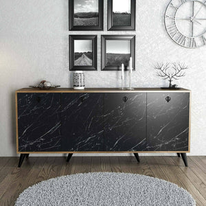 Credenza Ernie, Buffet da soggiorno, Madia da salotto, Dispensa da cucina, 180x45 h80 cm, Noce e Grigio
