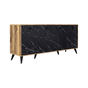 Credenza Ernie, Buffet da soggiorno, Madia da salotto, Dispensa da cucina, 180x45 h80 cm, Noce e Grigio