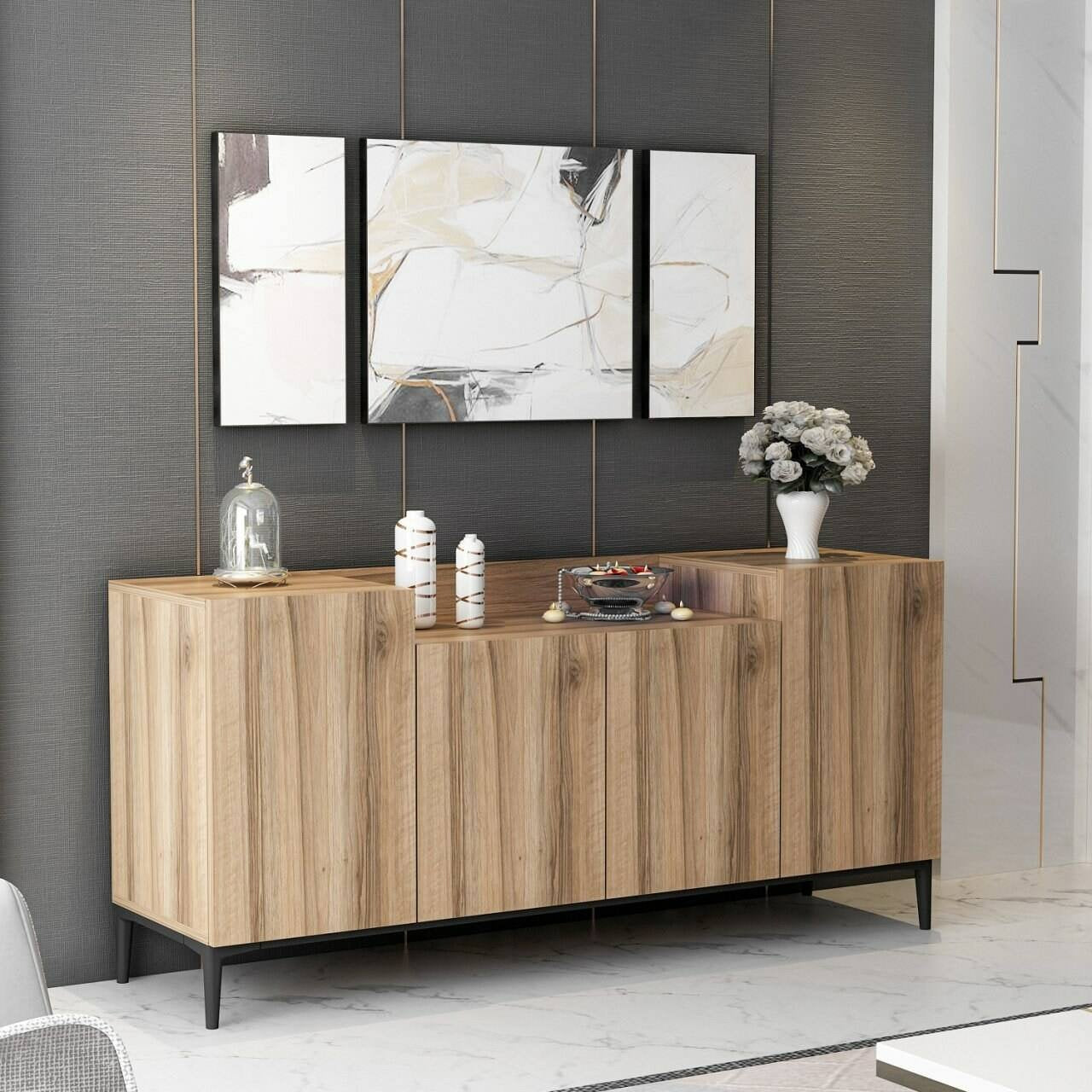Credenza Picea, Buffet da soggiorno, Madia da salotto, Dispensa da cucina, 160x42 h75 cm, Noce