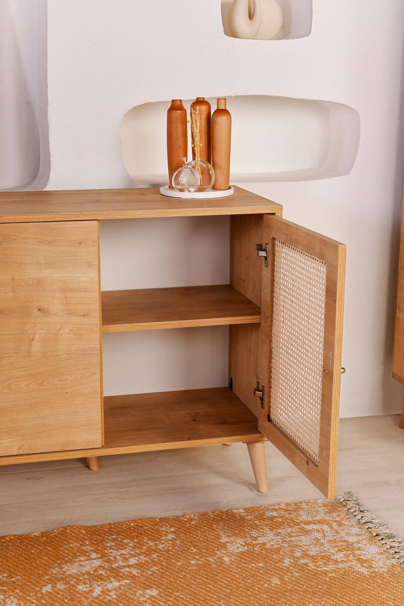 Credenza Tarawa, Buffet da soggiorno, Madia da salotto, Dispensa da cucina, 180x41 h81 cm, Quercia