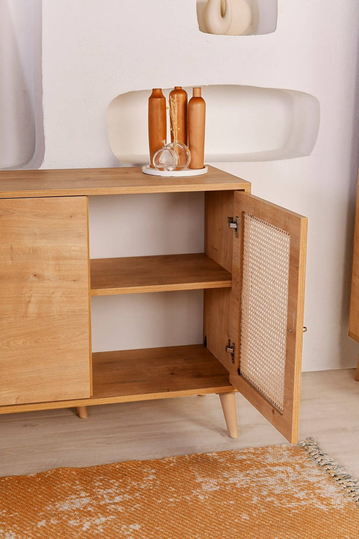 Credenza Tarawa, Buffet da soggiorno, Madia da salotto, Dispensa da cucina, 180x41 h81 cm, Quercia