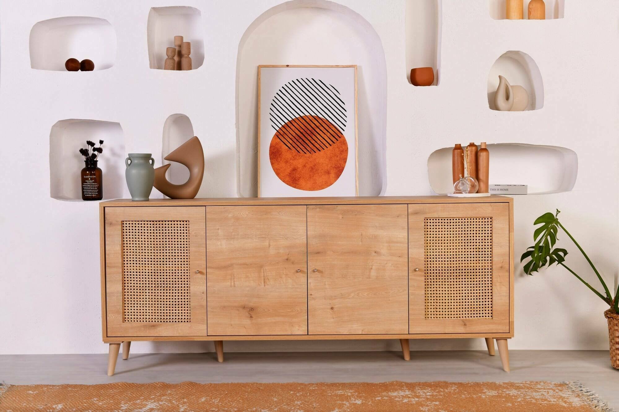 Credenza Tarawa, Buffet da soggiorno, Madia da salotto, Dispensa da cucina, 180x41 h81 cm, Quercia