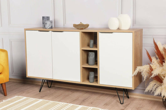 Credenza Arlene, Buffet da soggiorno, Madia da salotto, Dispensa da cucina, 142x36 h83 cm, Quercia e Bianco