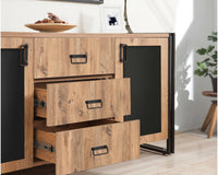 Credenza Baldo, Buffet da soggiorno, Madia da salotto, Dispensa da cucina, 160x45 h80 cm, Quercia e Nero