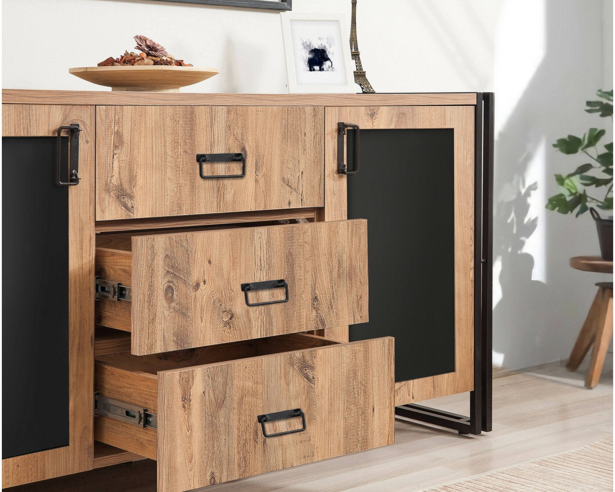 Credenza Baldo, Buffet da soggiorno, Madia da salotto, Dispensa da cucina, 160x45 h80 cm, Quercia e Nero