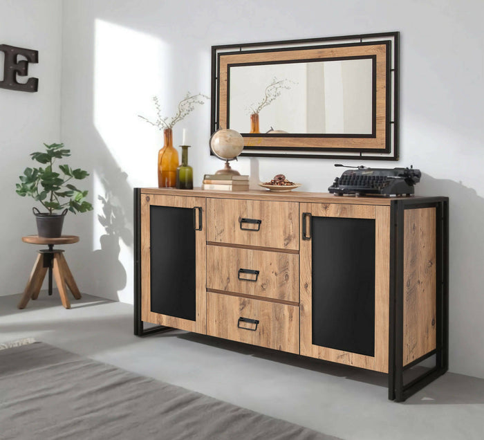 Credenza Baldo, Buffet da soggiorno, Madia da salotto, Dispensa da cucina, 160x45 h80 cm, Quercia e Nero