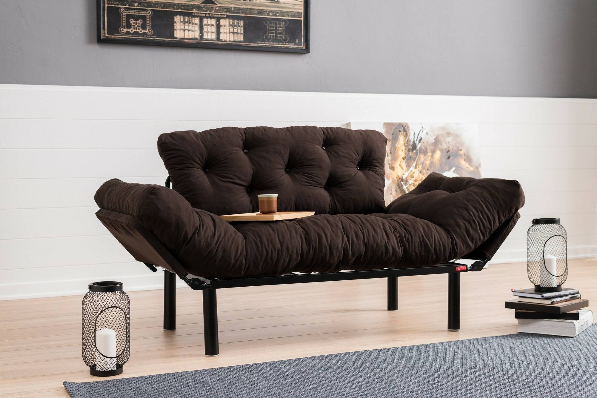 Divano letto 2 posti Guchol, Sofà trasformabile, Divanetto per ospiti, Poltrona letto contenitore, 155x70 h85 cm, Marrone