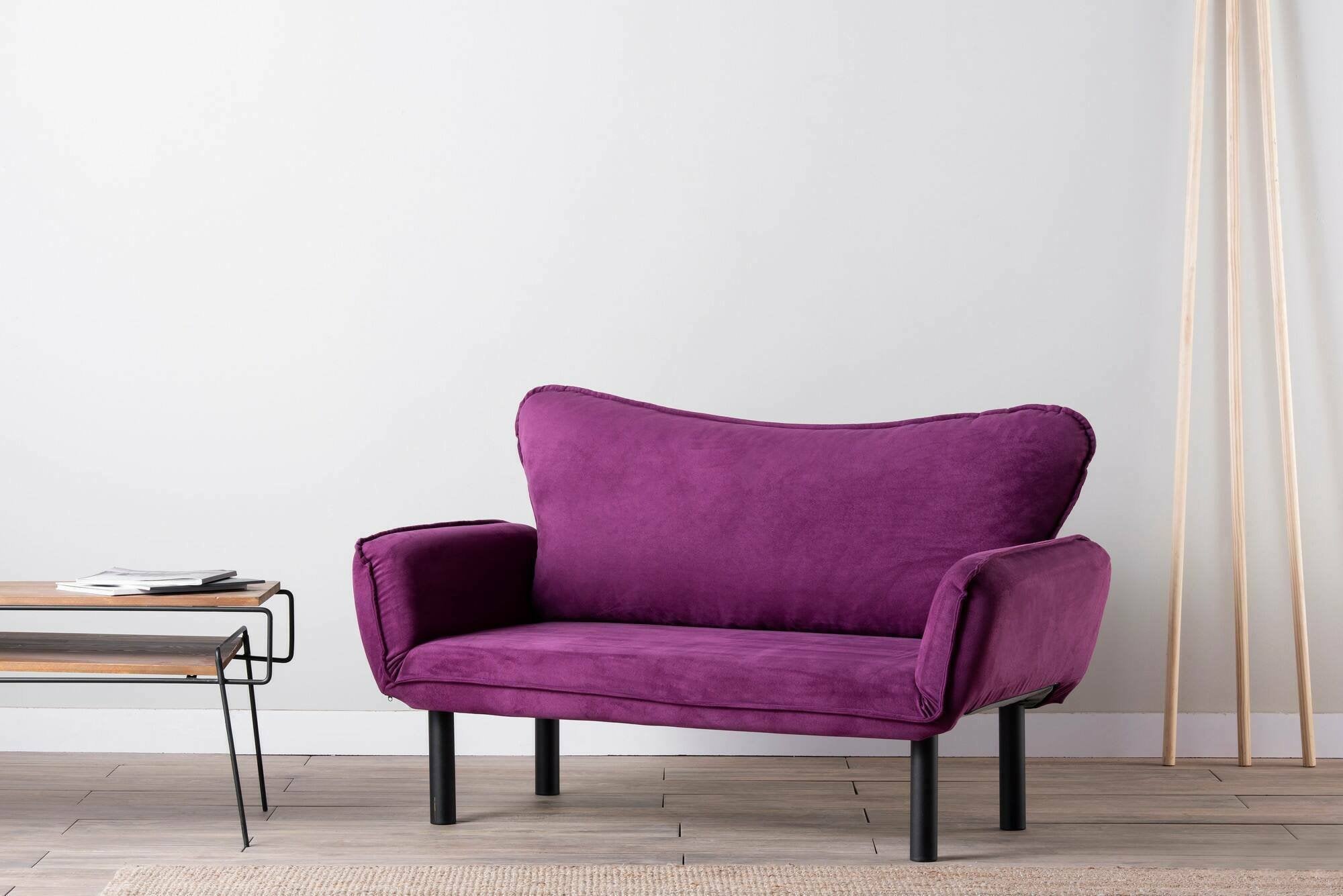 Divano letto 2 posti Mindulle, Sofà trasformabile, Divanetto per ospiti, Poltrona letto contenitore, 140x65 h70 cm, Viola