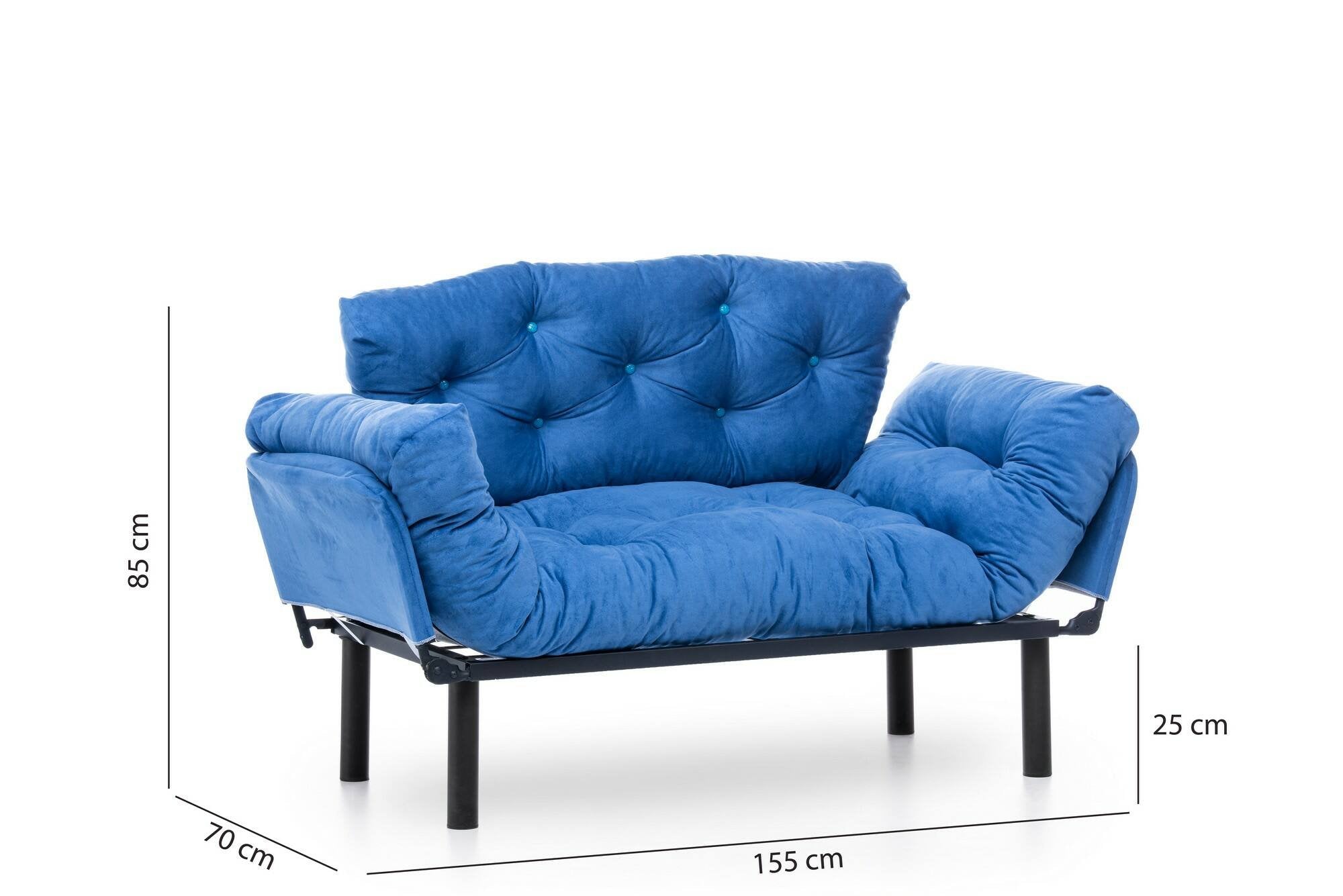 Divano letto 2 posti Guchol, Sofà trasformabile, Divanetto per ospiti, Poltrona letto contenitore, 155x70 h85 cm, Blu