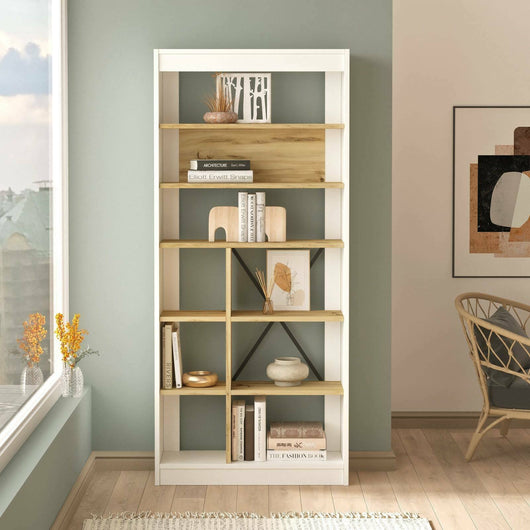 Libreria Emong, Scaffale da ufficio, Mobile portalibri, Biblioteca, 76x25 h170 cm, Quercia e Bianco