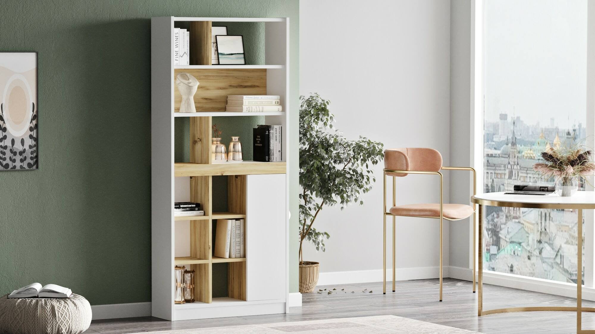 Libreria Gaston, Scaffale da ufficio, Mobile portalibri, Biblioteca, 76x25 h170 cm, Quercia e Bianco