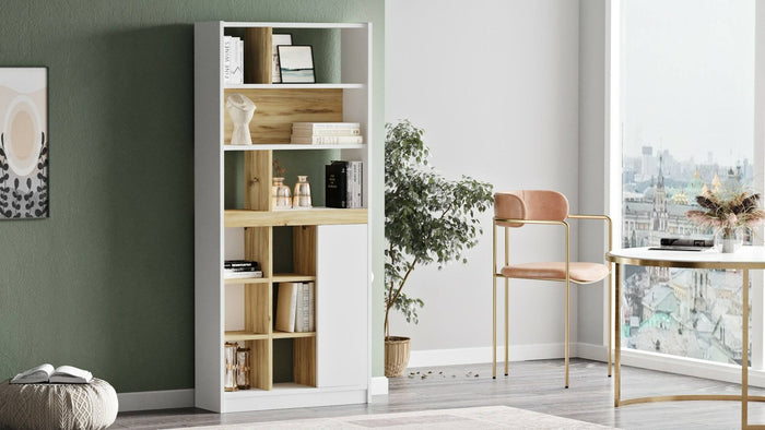 Libreria Gaston, Scaffale da ufficio, Mobile portalibri, Biblioteca, 76x25 h170 cm, Quercia e Bianco