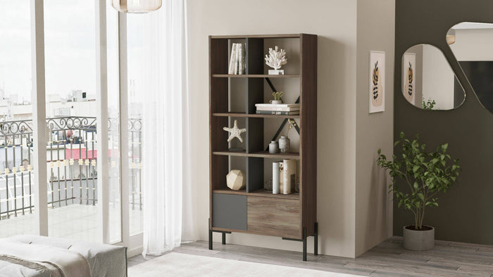 Libreria Simon, Scaffale da ufficio, Mobile portalibri, Biblioteca, 80x26 h160 cm, Marrone e Antracite