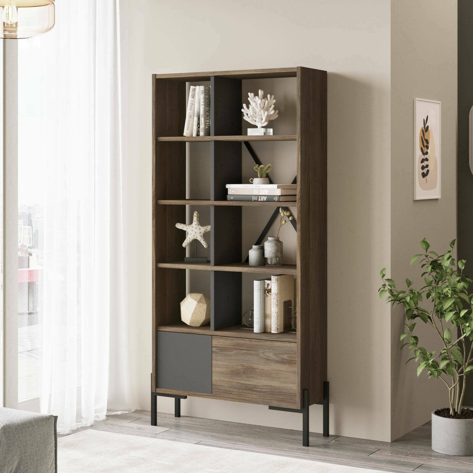 Libreria Simon, Scaffale da ufficio, Mobile portalibri, Biblioteca, 80x26 h160 cm, Marrone e Antracite