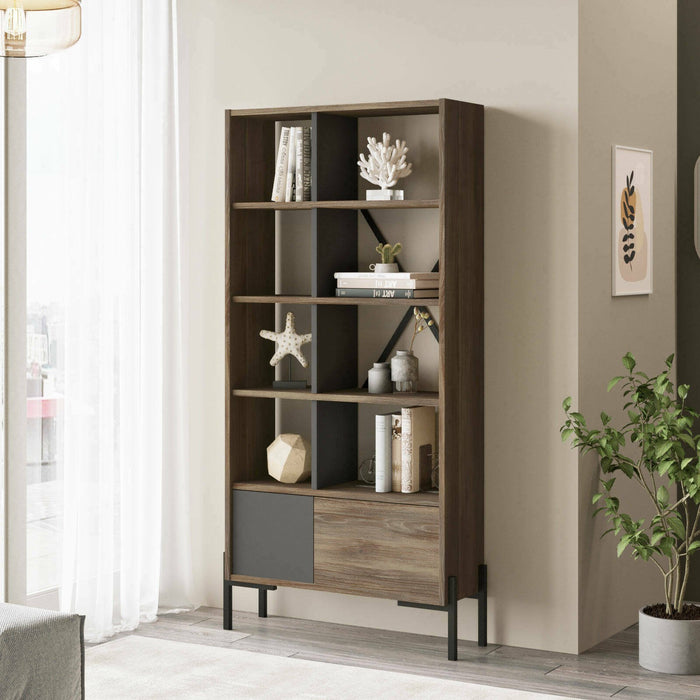 Libreria Simon, Scaffale da ufficio, Mobile portalibri, Biblioteca, 80x26 h160 cm, Marrone e Antracite