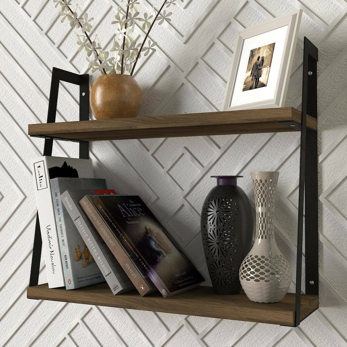 Mensola Skjaldmaer, Scaffale, Ripiano a muro, Scaffalatura multiuso, 45x15 h40 cm, Noce e Nero