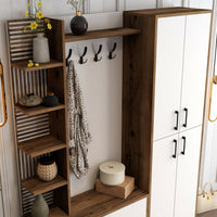 Mobile da ingresso Vivian, Entratina appendiabiti, Composizione per atrio, Consolle portaoggetti multifunzione, 150x200 h35 cm, Noce e Bianco