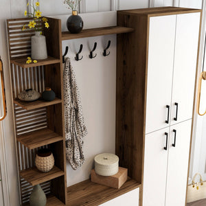 Mobile da ingresso Vivian, Entratina appendiabiti, Composizione per atrio, Consolle portaoggetti multifunzione, 150x200 h35 cm, Noce e Bianco