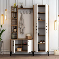 Mobile da ingresso Vivian, Entratina appendiabiti, Composizione per atrio, Consolle portaoggetti multifunzione, 150x200 h35 cm, Noce e Bianco