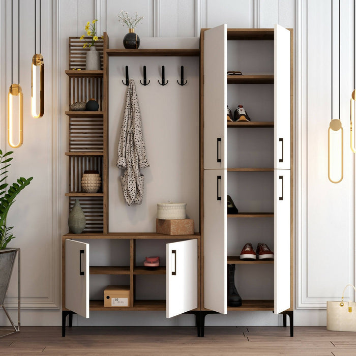 Mobile da ingresso Vivian, Entratina appendiabiti, Composizione per atrio, Consolle portaoggetti multifunzione, 150x200 h35 cm, Noce e Bianco