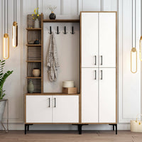 Mobile da ingresso Vivian, Entratina appendiabiti, Composizione per atrio, Consolle portaoggetti multifunzione, 150x200 h35 cm, Noce e Bianco